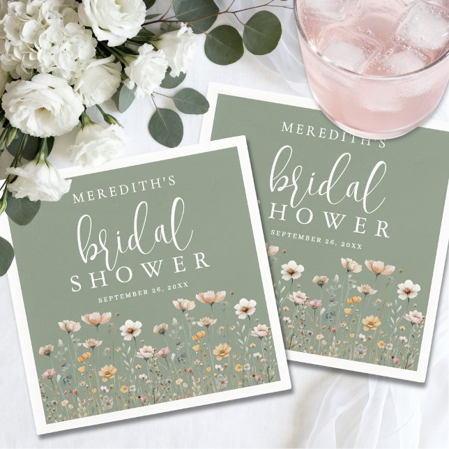 Vildblomma Grön Bröllopsdusch Pappersservett (Wildflower Sage Green Bridal Shower Napkins)