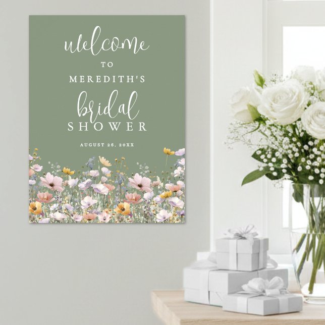 Vildblomma Grön Bröllopsdusch Poster (Wildflower Sage Green Bridal Shower Poster )