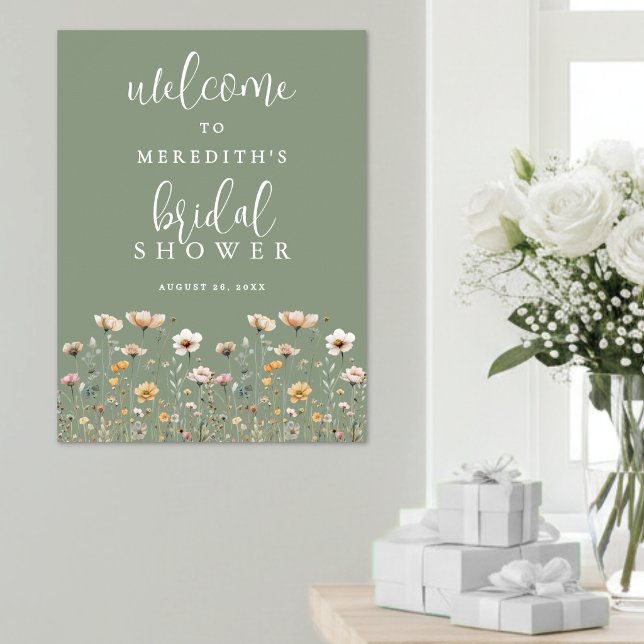 Vildblomma Grön Bröllopsdusch Poster (Wildflower Sage Green Bridal Shower Poster)