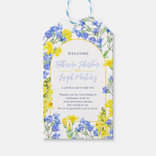 Vildblomma gul blå akvarell välkommen bröllop presentetikett (Framsidan)