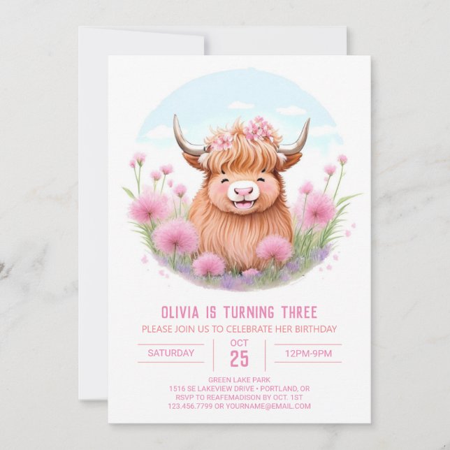 Vildblomma Highland Ko Äventyrs Födelsedag Inbjudningar (Framsida)
