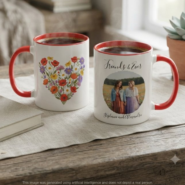 Vildblomma Hjärtans Färgglad Mugg (A floral heart mug with a space for your favorite photo, perfect for a best friend's birthday.)