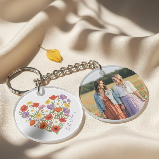 Vildblomma Hjärtfoto Bästa vänner För evigt (Floral heart and bff photo keychain for a birthday gift)