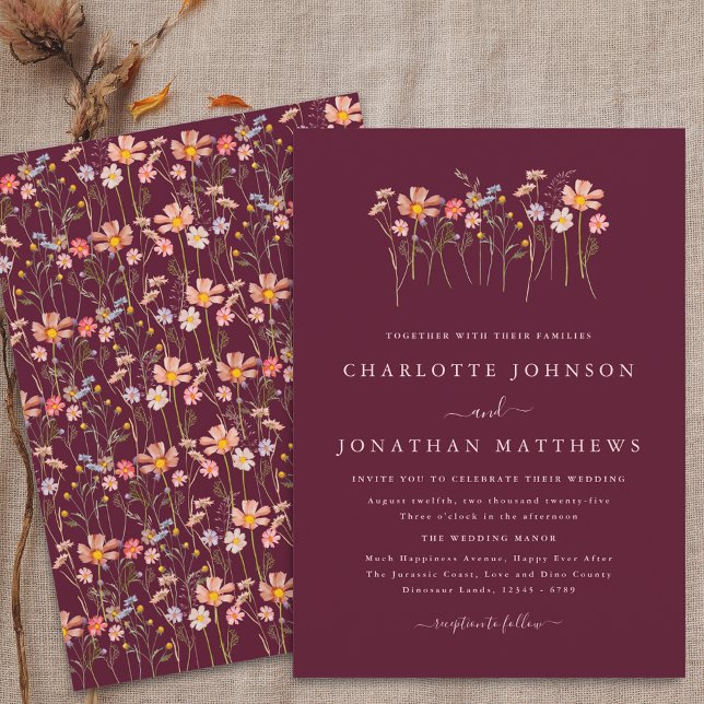 Vildblomma Höst Burgunder Rosa Bröllop Inbjudningar (Wildflower boho fall floral burgundy blush pink Wedding invitation)
