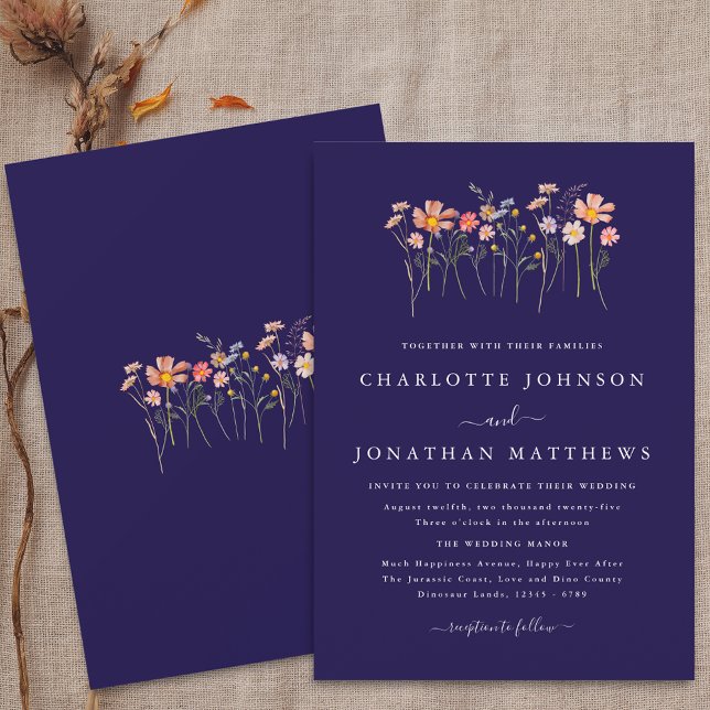 Vildblomma Höstbröllop Marinblå Terrakotta Rosa Inbjudningar (Boho fall simple Wildflower floral navy blue terracotta blush pink Wedding invitation)