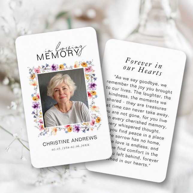 Vildblomma "In Loving Memory" Foto Minnesmärke  Visitkort (Wildflower "In Loving Memory" Photo Memorial Funeral Card.)