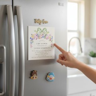 Vildblomma kokett blommig rosa rosett babyfirande magnetisk inbjudningskort