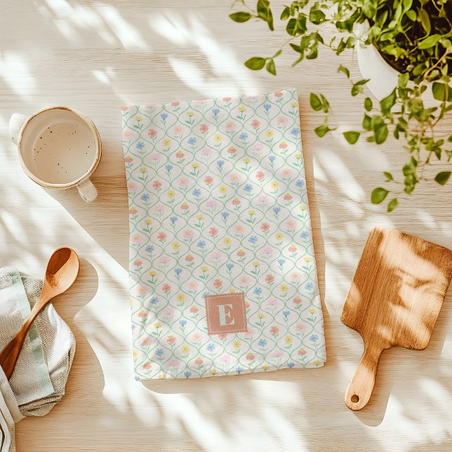 Vildblomma Köksduk med Initial Kökshandduk (wildflower geometric pattern kitchen towel with monogram)