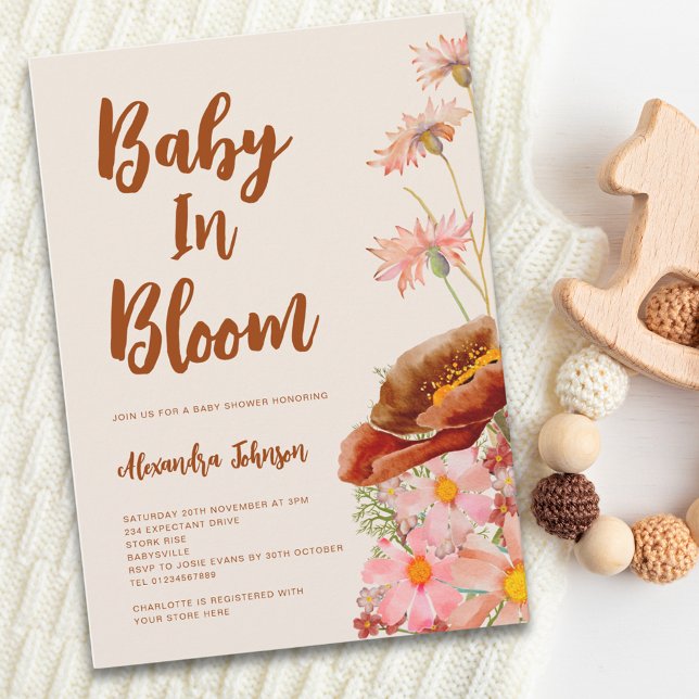 Vildblomma Könsneutral Höst Barnkalas Inbjudningar (Wildflower baby in bloom gender neutral fall baby shower with watercolor florals and elegant script)