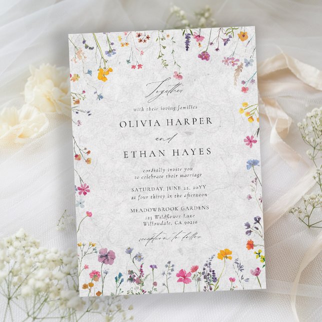 Vildblomma Kronblad Elfenbensvitt Akvarell Elegant Inbjudningar (wildflower wedding theme invitation watercolor garden backyard barn summer spring elegant off white)