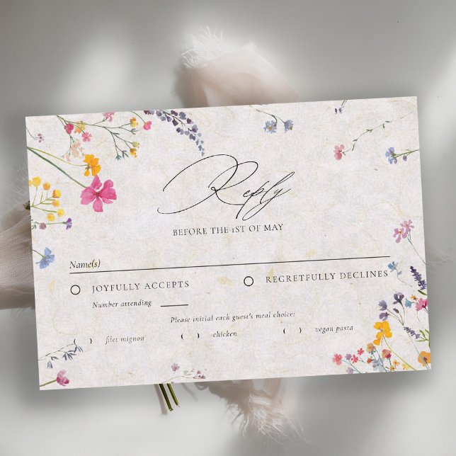 Vildblomma Kronblad Vattenfärg Elegant Bröllopsmål OSA Kort (wildflower wedding rsvp meal choice watercolor garden backyard barn summer spring elegant blush)