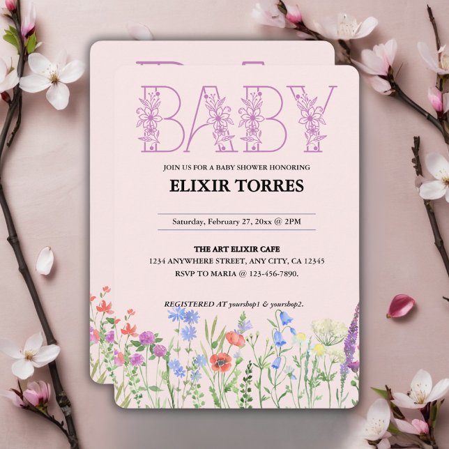 Vildblomma Lila Blommig Förnamn Baby Shower Inbjudningar (Skapare uppladdad)