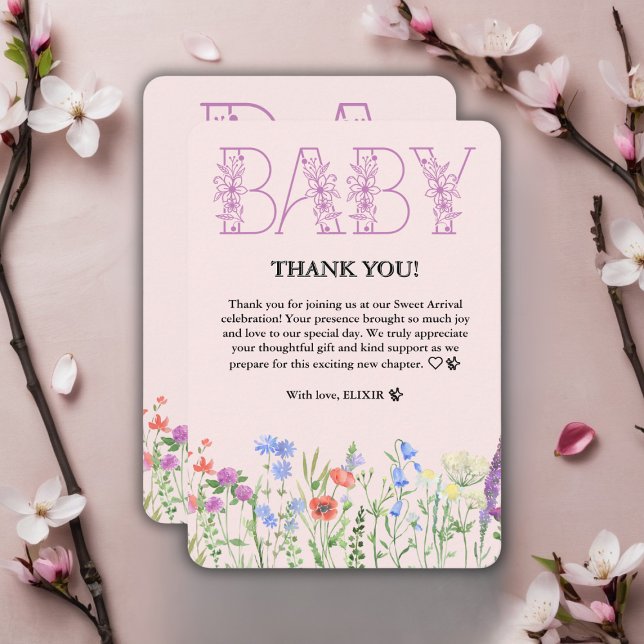 Vildblomma Lila Blommig Förnamn Babyshower Tack Kort (Skapare uppladdad)