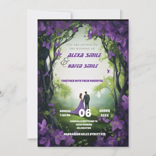 Vildblomma lila bröllopsinbjudan, vackert bröllop inbjudningar (Framsida)