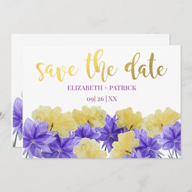 Vildblomma lila rapsodi spara datum inbjudningar (Fram/baksida)