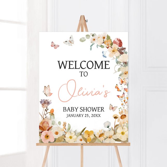Vildblomma Liten Fjäril Baby Shower Välkommen Poster (Little Butterfly Wildflower Baby Shower Welcome Sign)