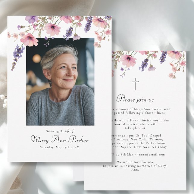 Vildblomma "Livets firande" Foto Begravning  Inbjudningar (Wildflower "Celebration of Life" Photo Funeral Invitation)