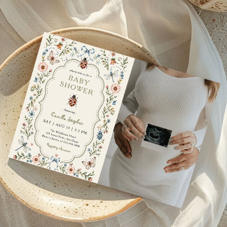 Vildblomma Love Bug Baby Shower Foto Inbjudningar