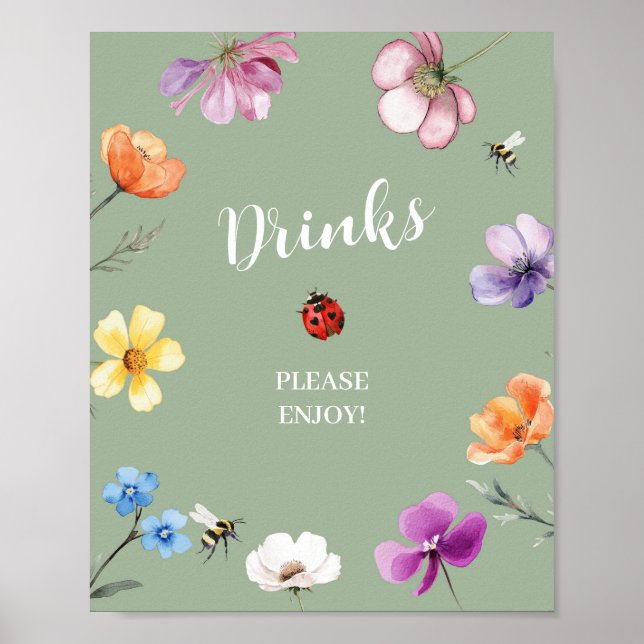 Vildblomma Lovebug Baby Shower Drycker Party Skylt (Framsidan)