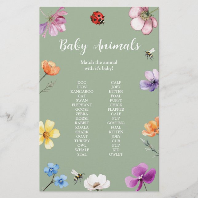 Vildblomma Lovebug Baby Shower Spel Skylt (Framsida)