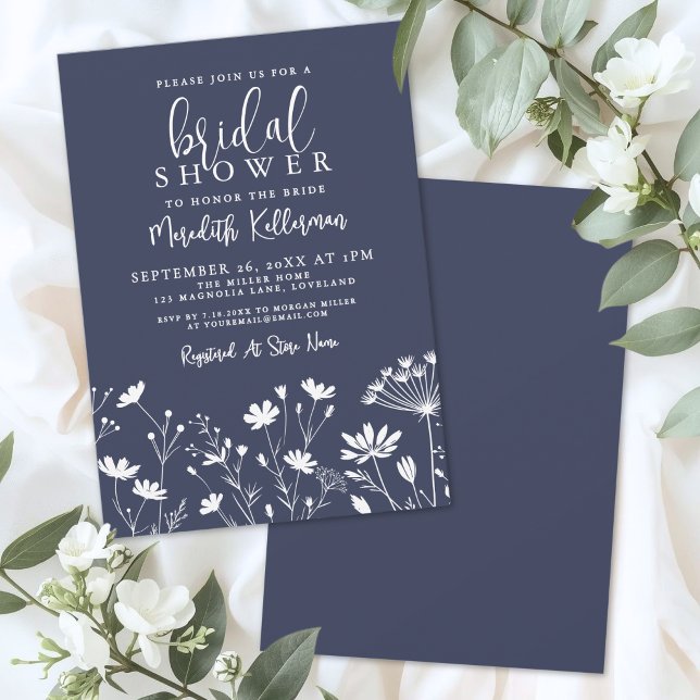 Vildblomma Marinblå Bröllopsdusch Inbjudningar (Wildflower Navy Blue Bridal Shower Invitation)