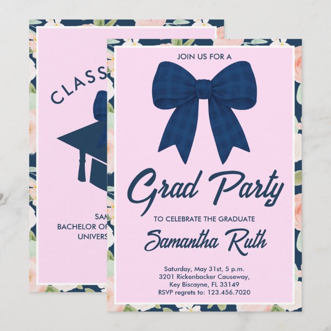Vildblomma Marinblå Ginghamrosett Examenstårtparty Inbjudningar (Fram/baksida)