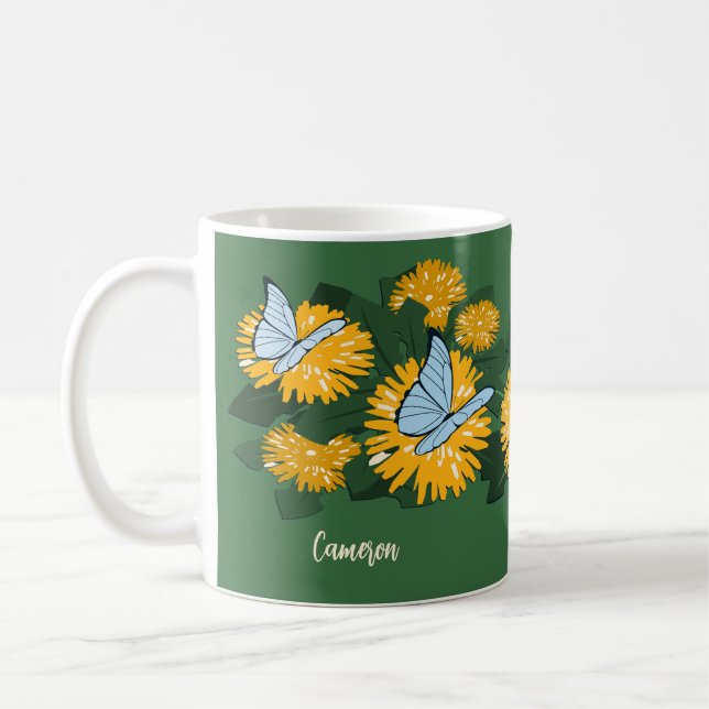 Vildblomma Maskros & Fjärilar Gul Grön Kaffemugg (Vänster)