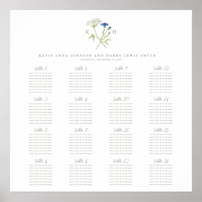 Vildblomma monogram grön bröllopsbordplan 16 poster (Framsidan)