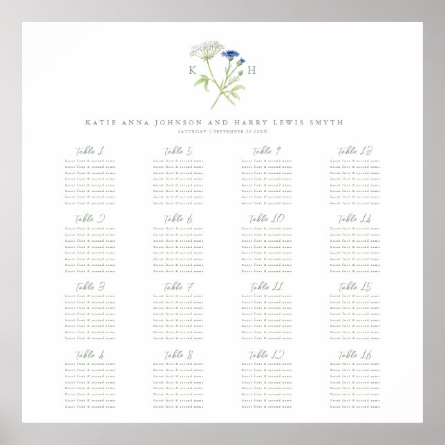 Vildblomma monogram grön bröllopsbordplan 16 poster (Framsidan)