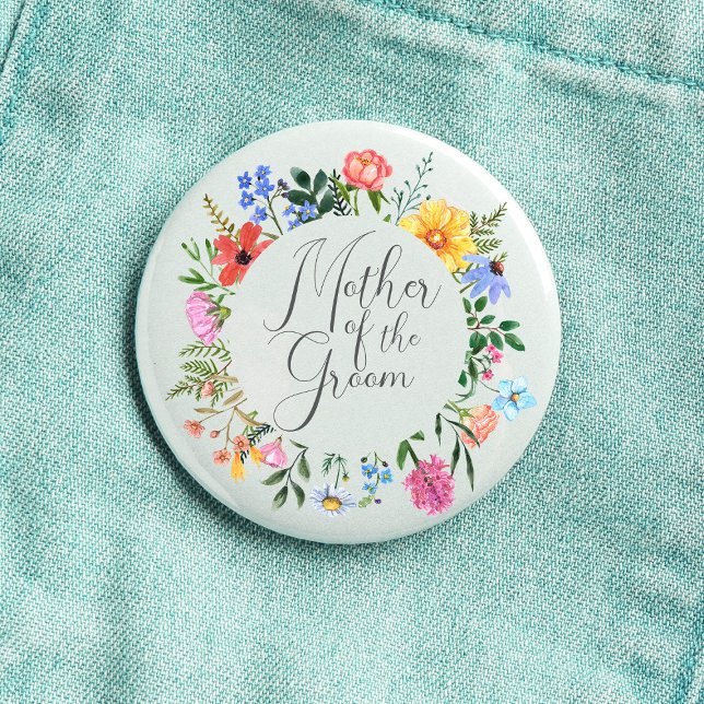Vildblomma Mor till Brudgummen Skript Bröllop  Knapp (Mother of the Groom  Wildflower Watercolor Floral Wreath Wedding Button
)
