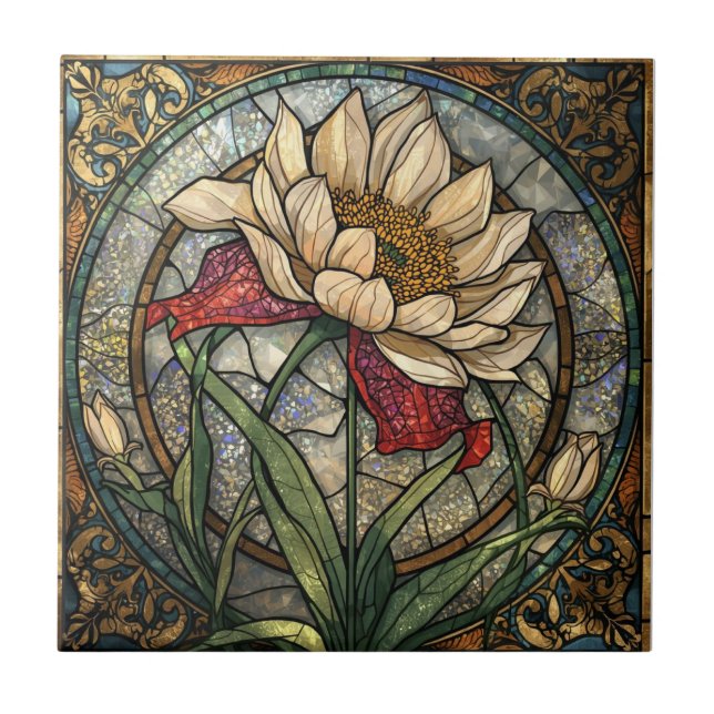 Vildblomma Mosaik Färgat Glas Botanisk Blomma   Kakelplatta (Framsidan)