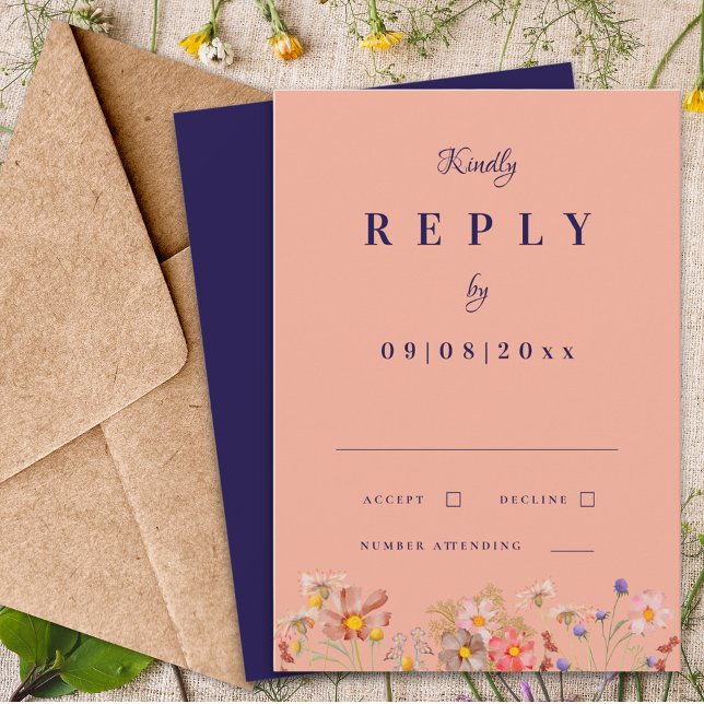 Vildblomma Navy Bränt Orange Höstbröllop Svar (Wildflower navy blue terracotta burnt orange peach fall wedding invitation reply rsvp enclosure card)