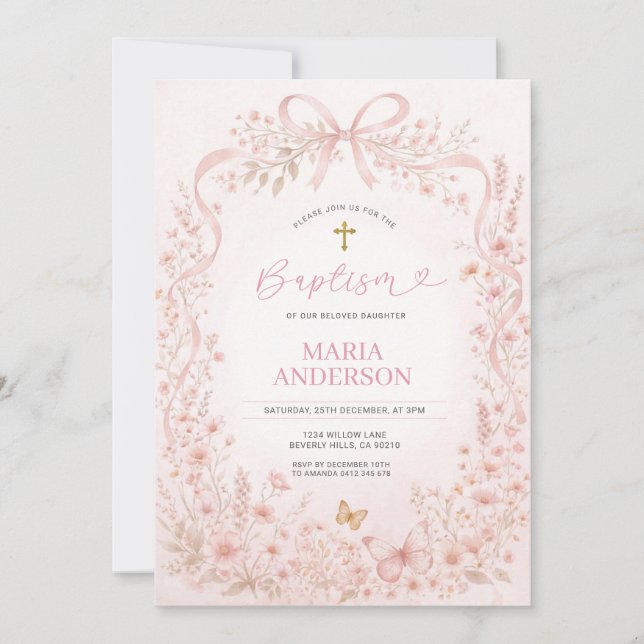vildblomma och fjäril Dopinbjudan med kors Inbjudningar (Framsida)