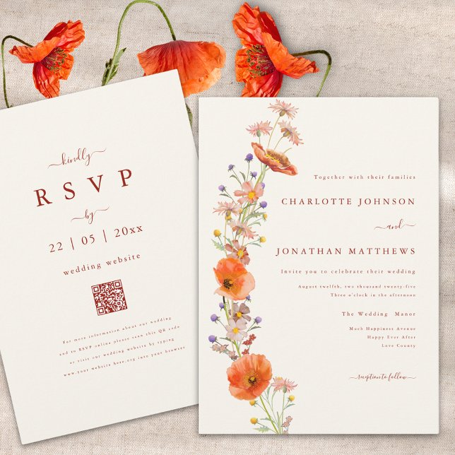 Vildblomma Orange Brun Blommig Bröllops QR-kod Inbjudningar (Elegant boho wildflower fall wedding invitation with qr code and burnt orange script )