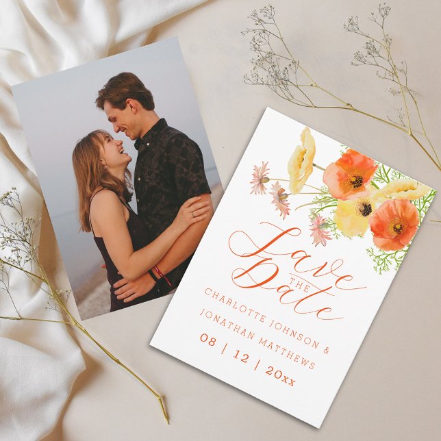 Vildblomma Orange Gul Bukett Foto Bröllop Spara Datumet (Elegant wildflower bouquet orange yellow floral photo wedding save the date)
