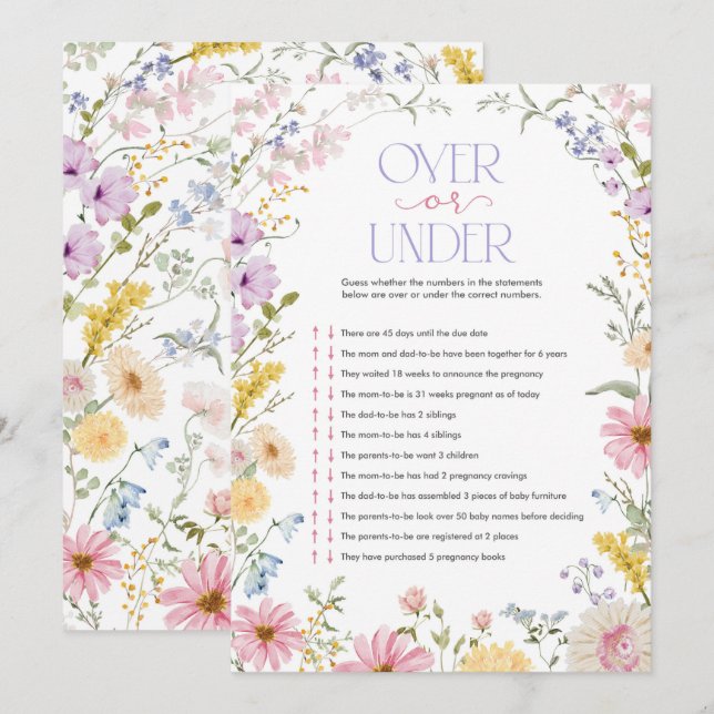 Vildblomma Över eller Under Baby Shower Spelkort Inbjudningar (Fram/baksida)