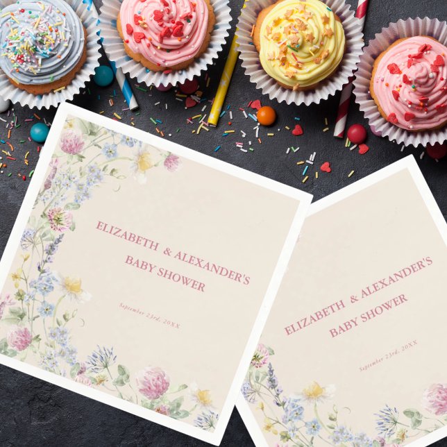 Vildblomma Par Baby Shower Mjuk Rosa Font Pappersservett (Skapare uppladdad)