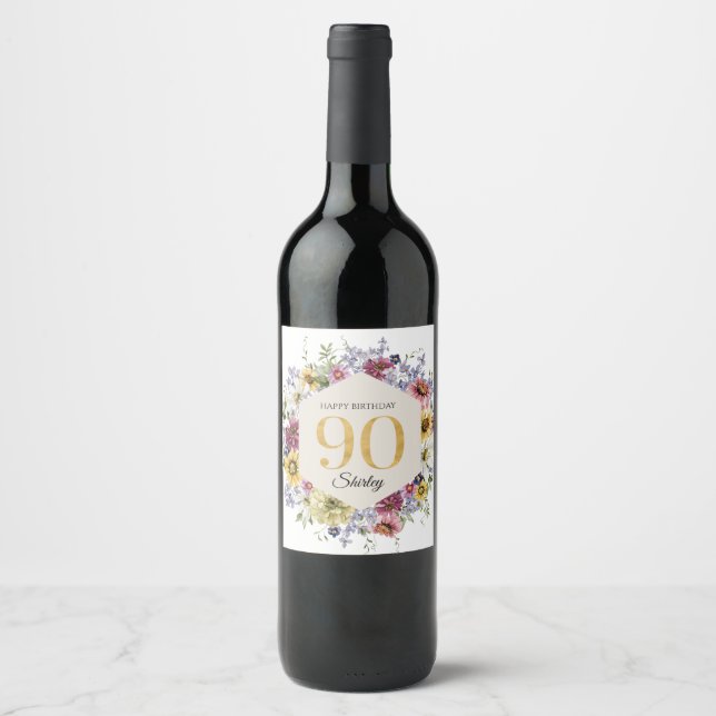 Vildblomma Personlig 90-årsdag Vinflaska Etikett (Framsida)