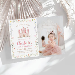 Vildblomma Prinsessa Slott 1-års Födelsedagsfoto Inbjudningar