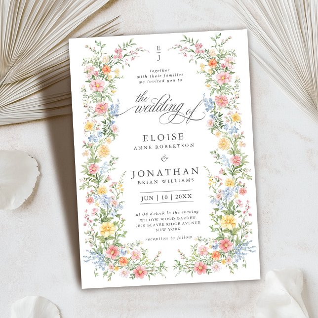 Vildblomma Prydd Trädgård vår Blommig Bröllop Inbjudningar (Soft Pastel Ornate Spring garden floral wedding invitation)