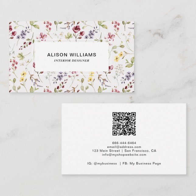 Vildblomma QR-kod Vårblommigt mönster Visitkort (Fram/baksida)