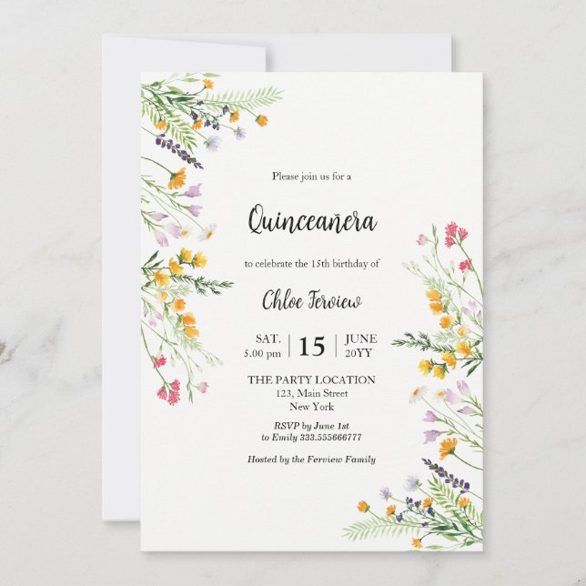 Vildblomma Quinceañera elegant inbjudan (Framsida)