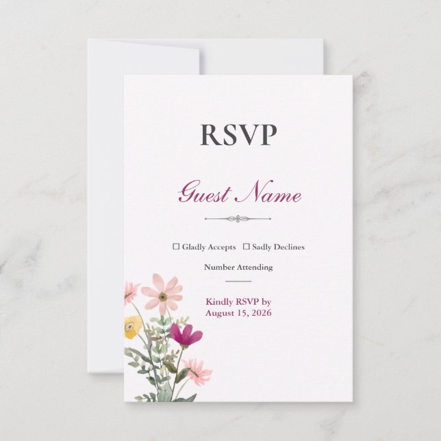 Vildblomma Romantik RSVP-kort | Rosa blommor OSA Kort (Framsida)