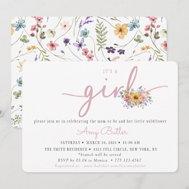 Vildblomma Rosa Baby Shower Inbjudan (Fram/baksida)