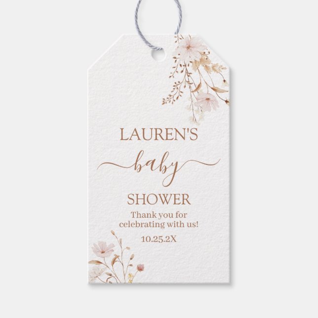 Vildblomma Rosa Blommig Baby Shower Flicka Present Presentetikett (Framsidan)