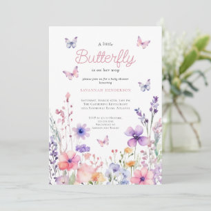 Vildblomma Rosa Fjäril Blommig Baby Shower Inbjudningar