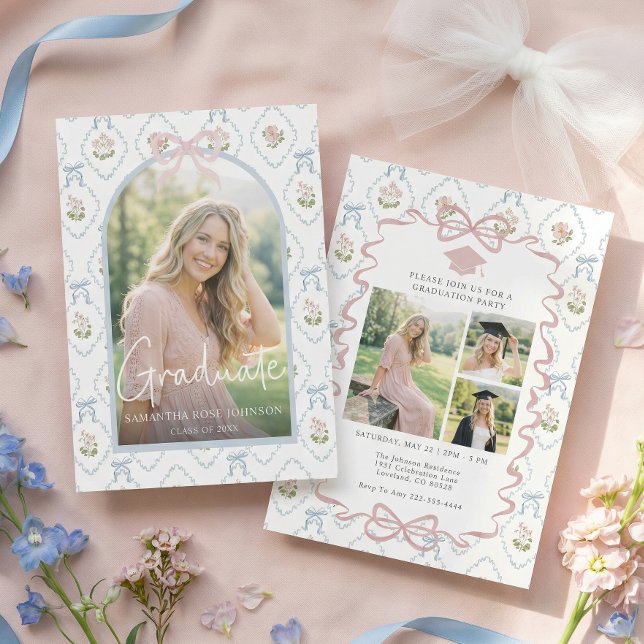 Vildblomma Rosa Slöja Fyra Foto Examen Inbjudningar (Skapare uppladdad)