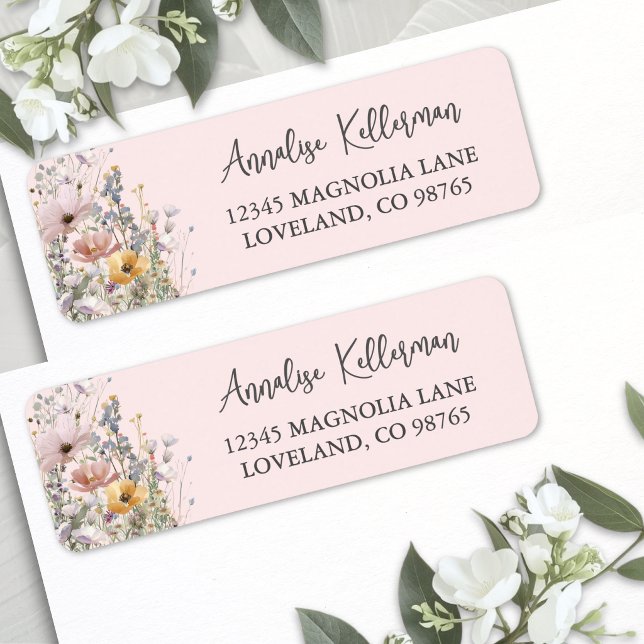 Vildblomma Rosabränd Returadress Etikett (Wildflower Blush Pink Return Address Label )