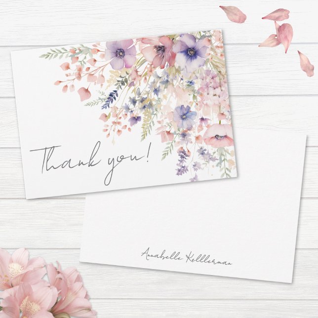 Vildblomma rosafärgad lila blomster tack kort (Wildflower Blush Pink Purple Floral Thank You Card)