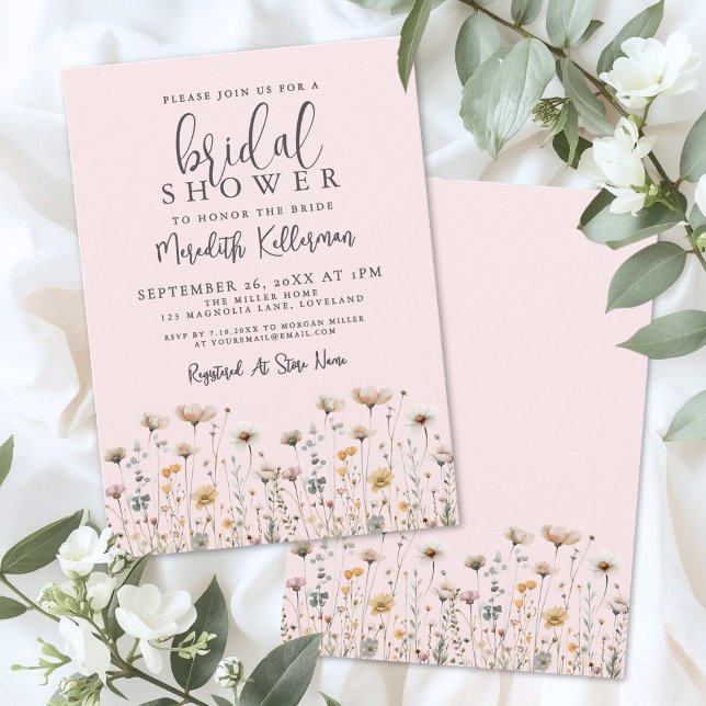 Vildblomma Rosenskär Bröllopsdusch Inbjudningar (Wildflower Blush Pink Bridal Shower Invitation)